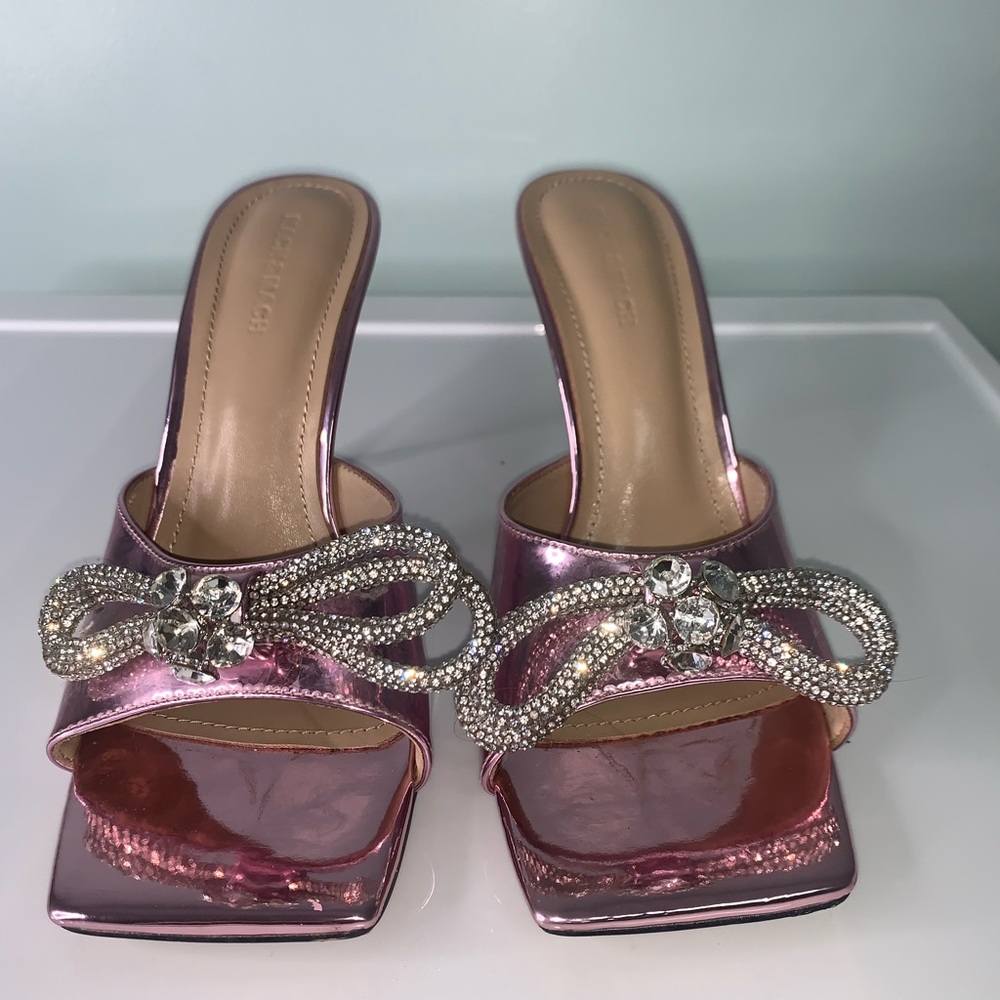 Mach & Mach Double-Bow Square-Toe Iridescent Embellished Mules 41